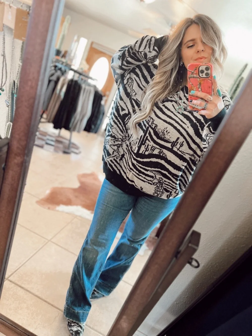 Women's Black & Cream Crew Neck Sweater - Desert Stripe Knit - Picture 2 of 7